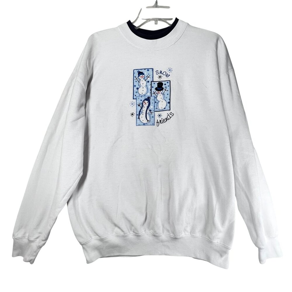 Vtg MC Sportswear Snow Friends Embroidered Sweatshirt L White Blue Grannycore